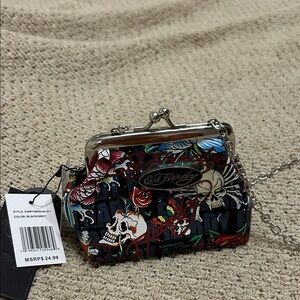 Ed Hardy Black & Grey Skull Floral Kiss-Lock Mini Crossbody